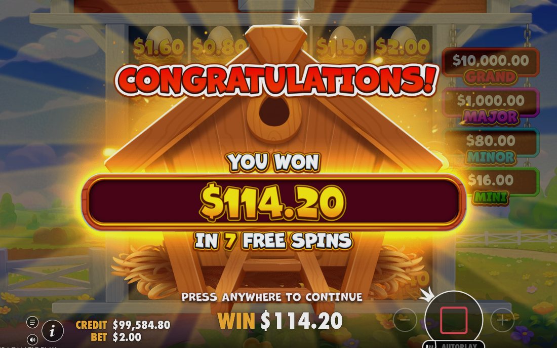 Win screen after a bonus, showing the total credited