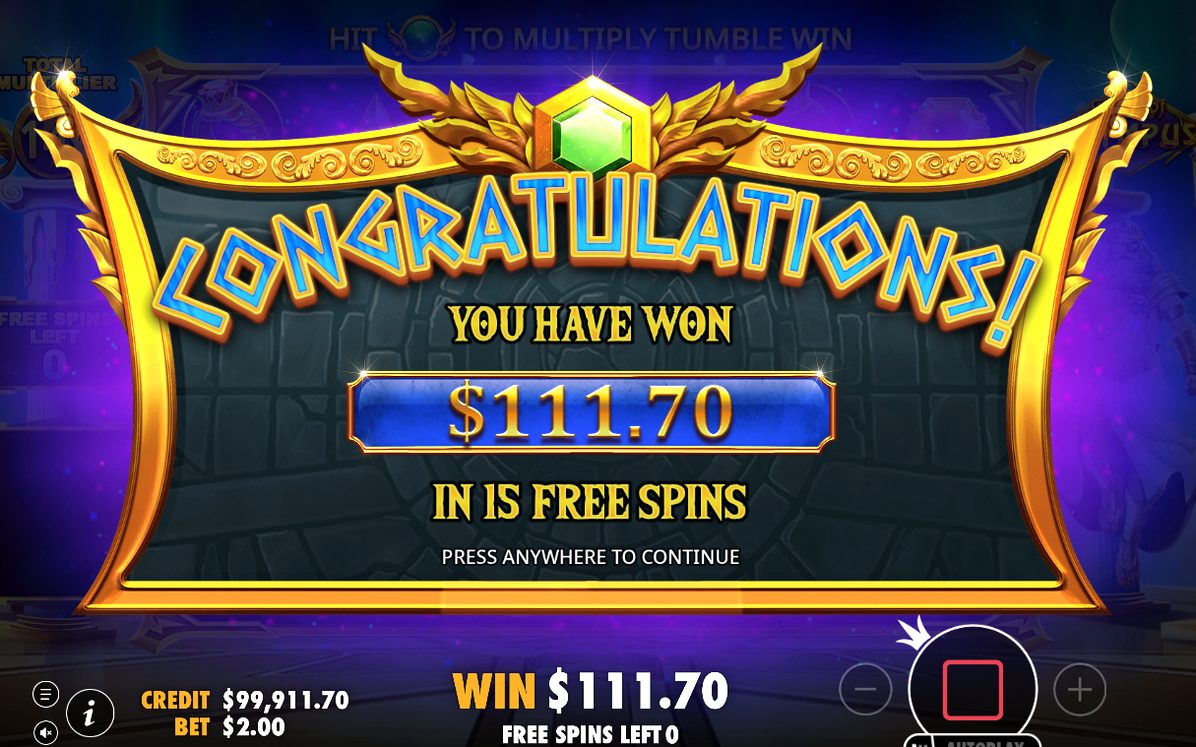 Win screen showing the total of a tumble sequence